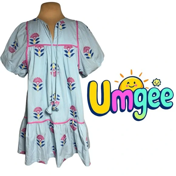 Umgee Retro Mod Blue Floral Embroidered Babydoll Dress Size Small - Picture 3 of 8
